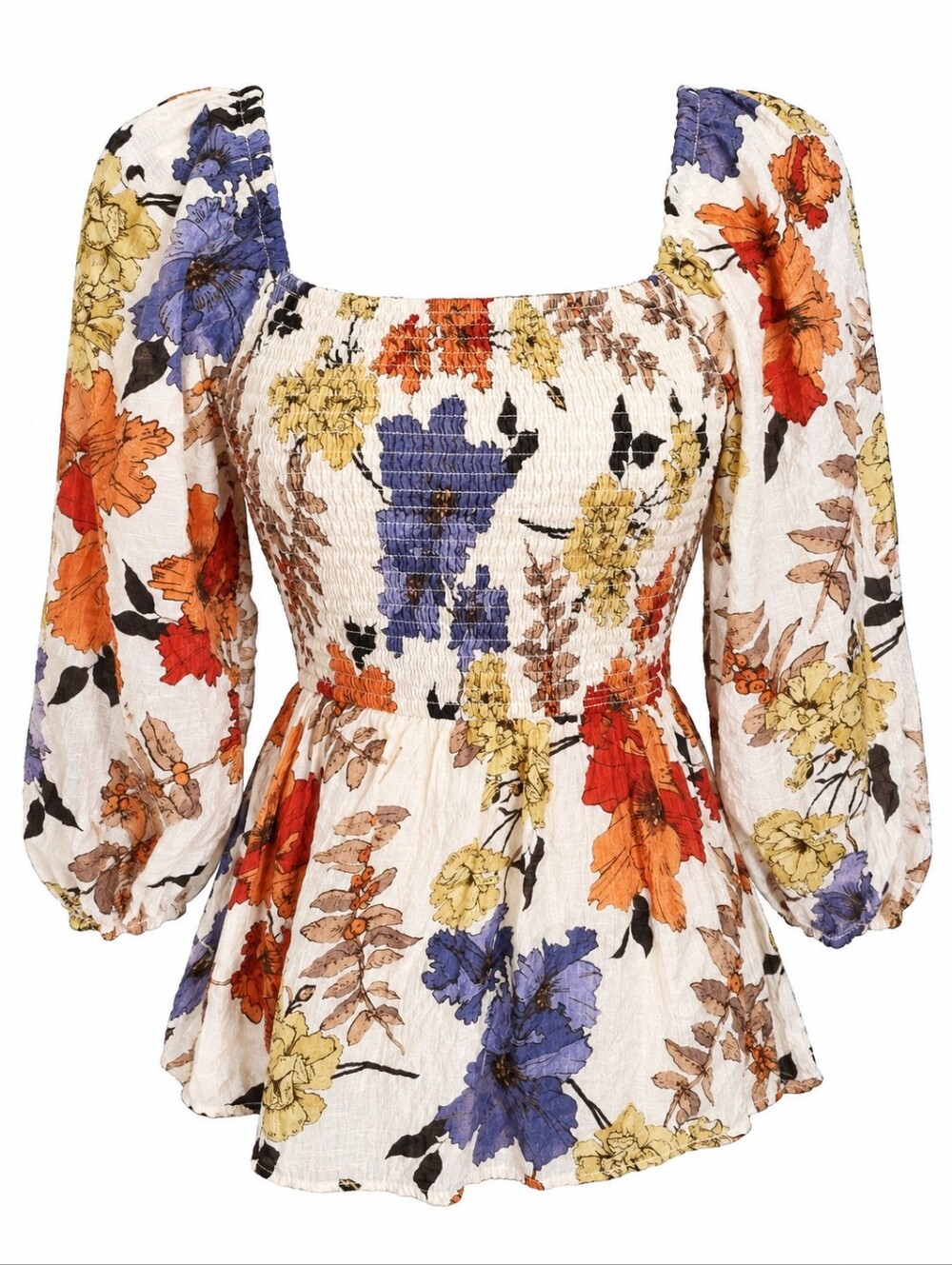 Hayden LA Floral Bobo Smocked Puff Sleeve Peplum Blouse Fall Color SZ: Small - Picture 3 of 12